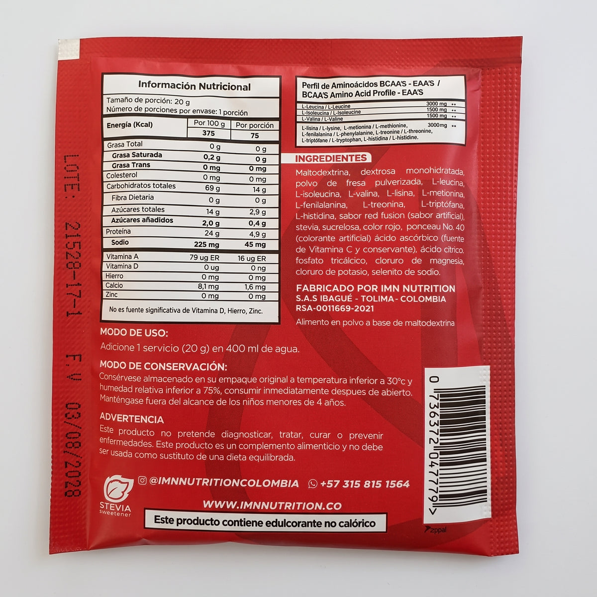 Aminoácidos BCAA 2:1:1 + EAA's IMN Nutrition 20g Sobre Monodosis – Con Electrolitos