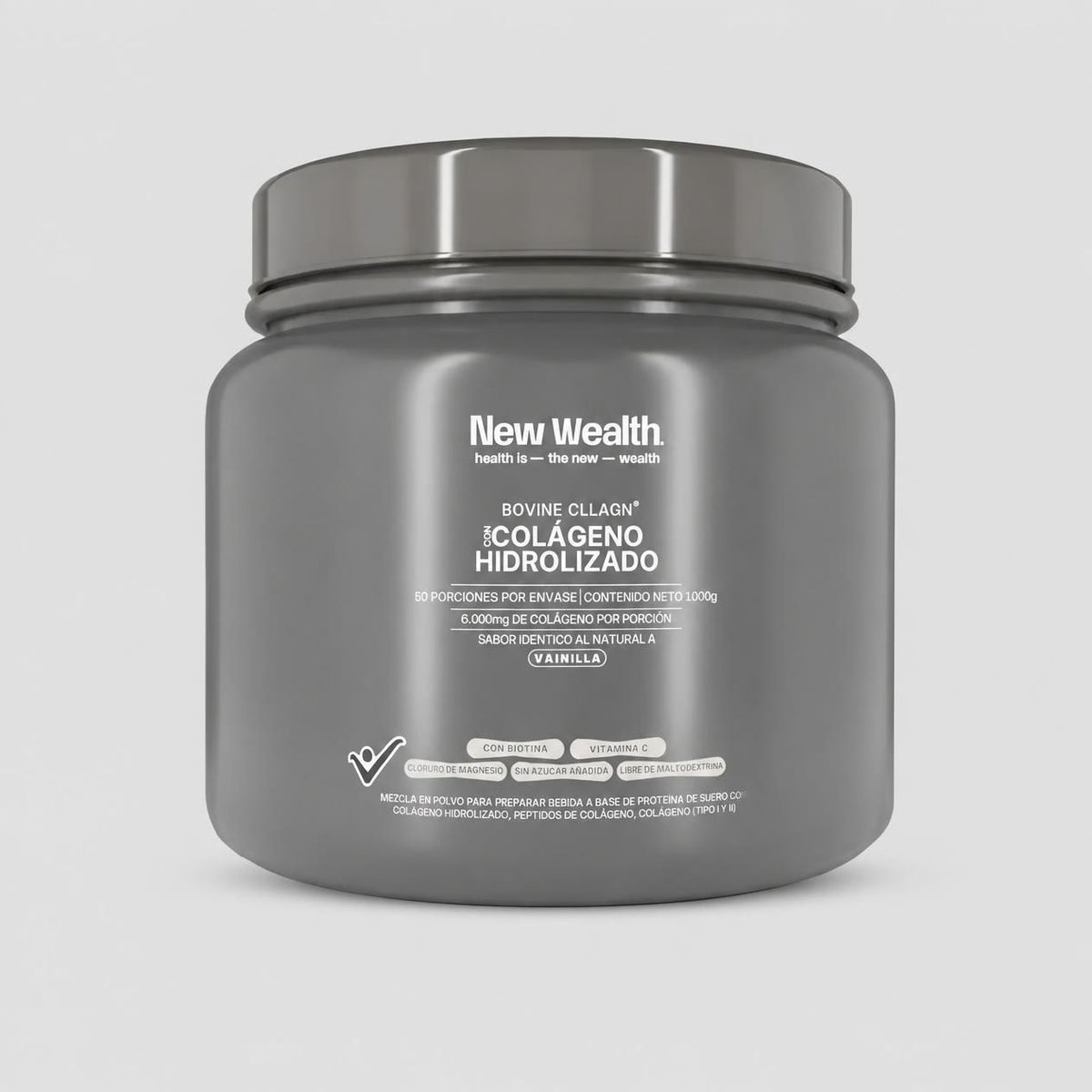 Colágeno Hidrolizado Bovino New Wealth 1000g Vainilla – 50 Servicios