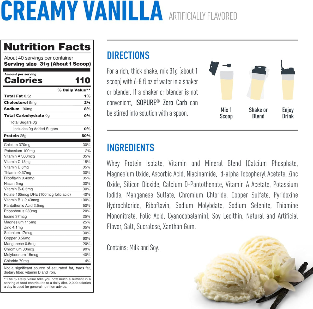 Isopure Zero Carb  – Proteína Aislada Premium - Creamy Vanilla
