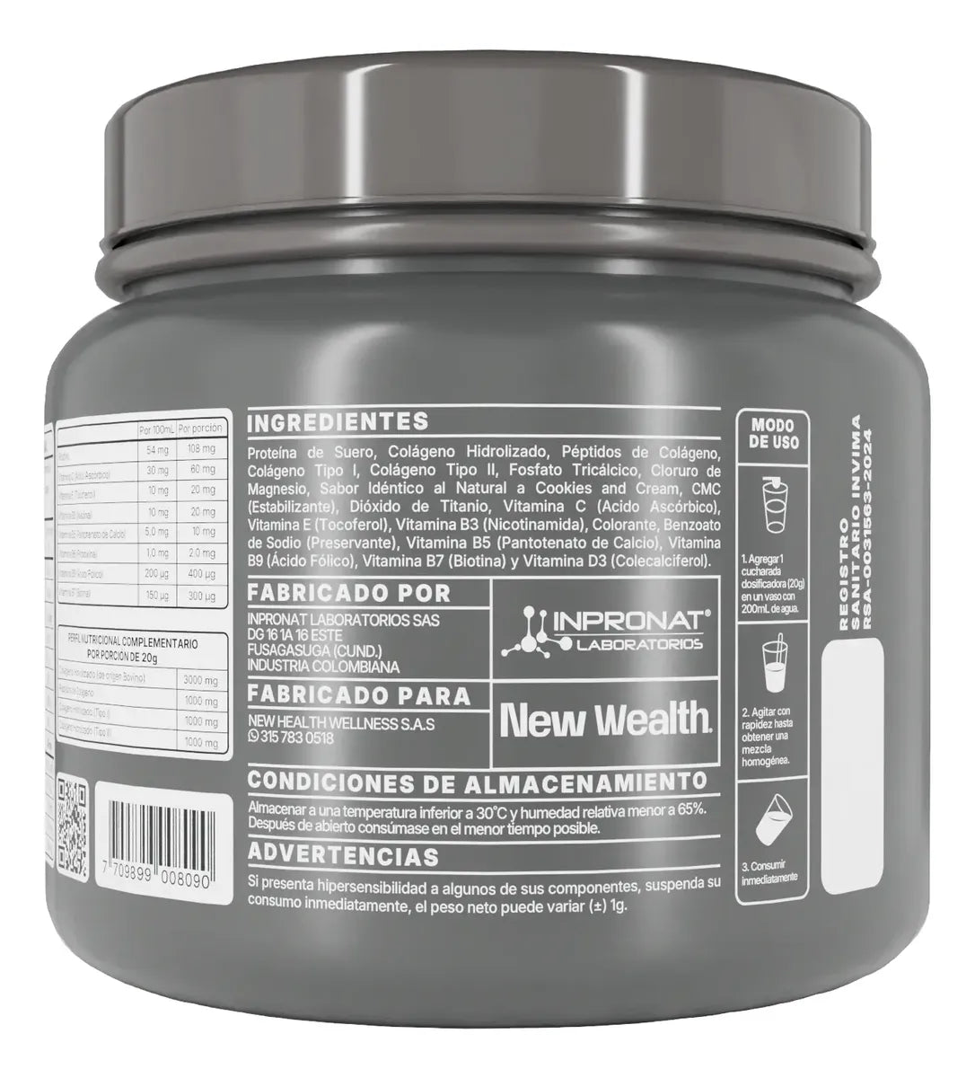 Colágeno Hidrolizado Bovino New Wealth 1000g Vainilla – 50 Servicios